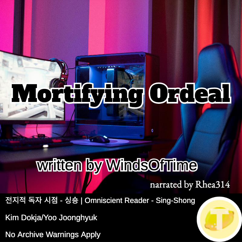 image of a gaming chair next to a desk with tower computer and monitor, headphones are hanging off the monitor, there is a neon-lit pink and red background behind them, over this image is printed the title, author, and narrator, beneath is a black bar with metadata matching AO3 